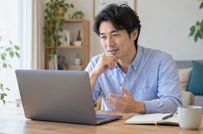 自宅からオンラインで働き方について相談する男性